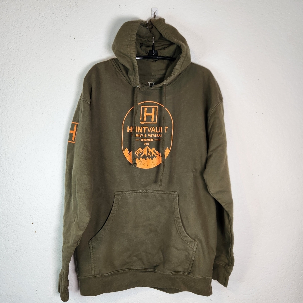 HuntVault Olive Green & Orange Hoodie for Men, Size L